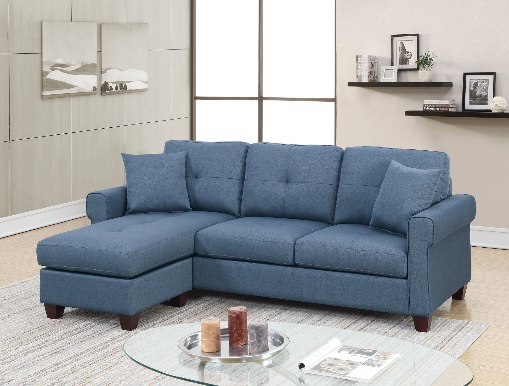 Blue tufted polyfiber sectional sofa with chaise by Doba, reversible living room furniture
