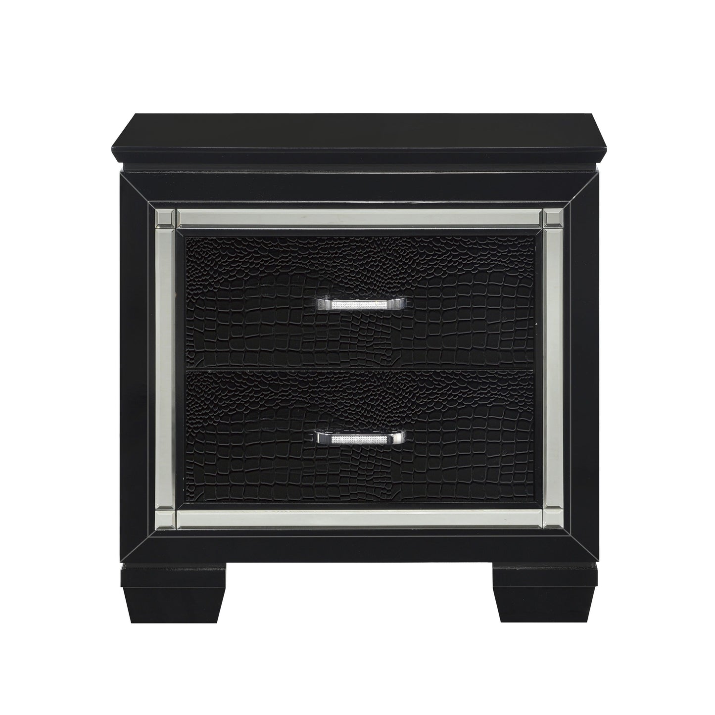 Glamourous black finish nightstand with faux alligator embossed front and chrome trim, 2-drawer design.