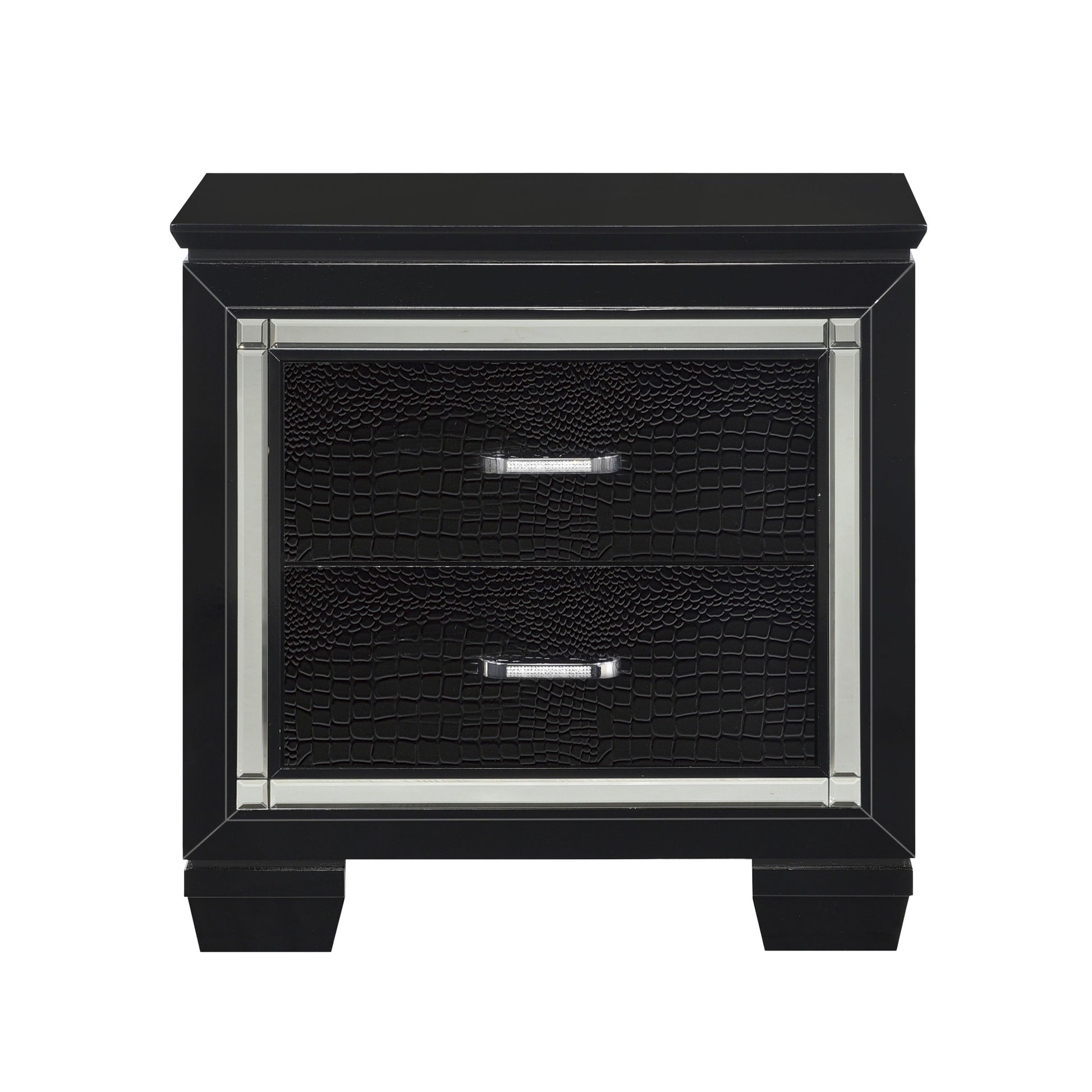 Glamourous black finish nightstand with faux alligator embossed front and chrome trim, 2-drawer design.