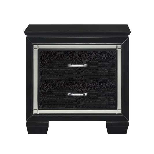 Glamourous black finish nightstand with faux alligator embossed front and chrome trim, 2-drawer design.