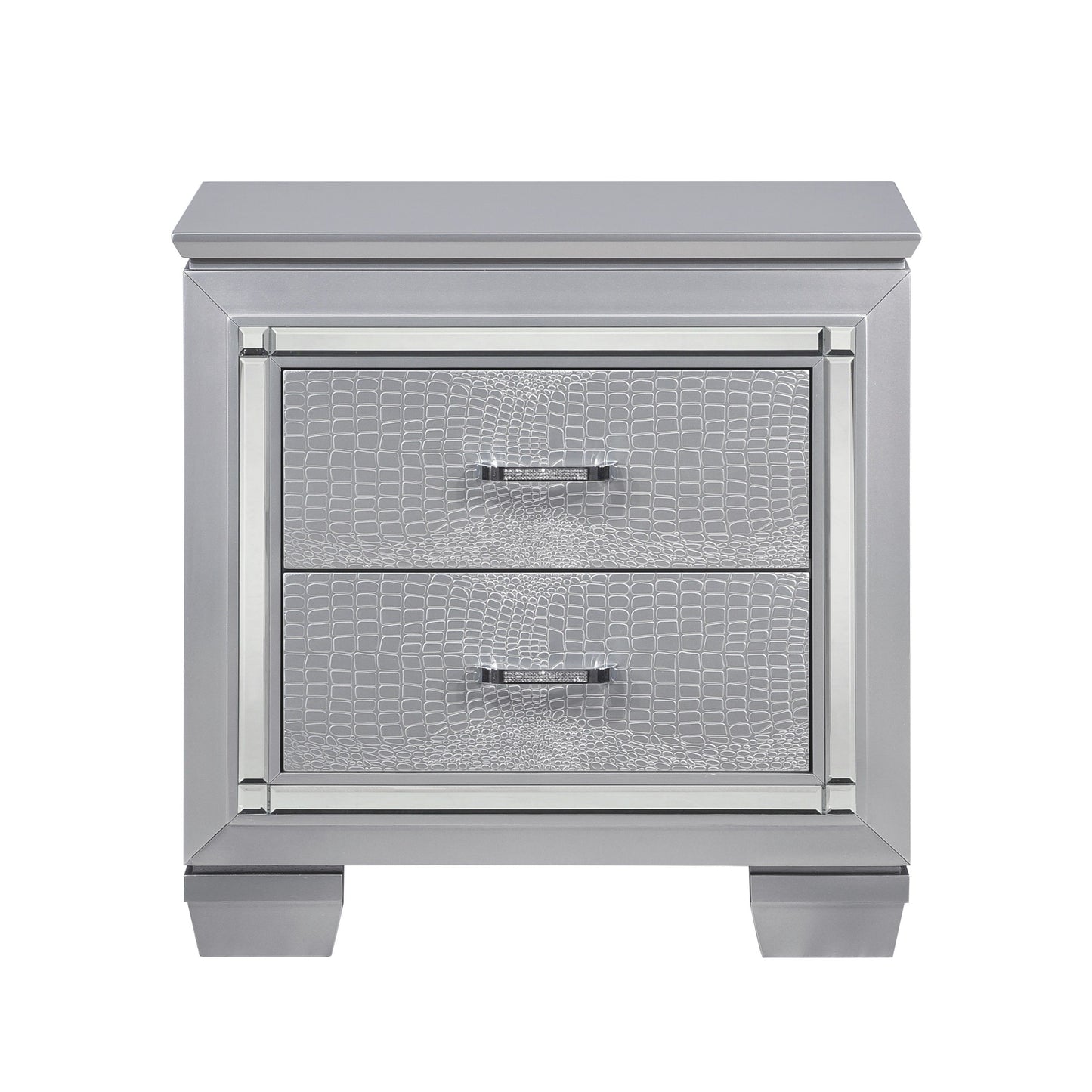 Glamourous silver nightstand with two faux alligator-embossed drawers and metallic frame