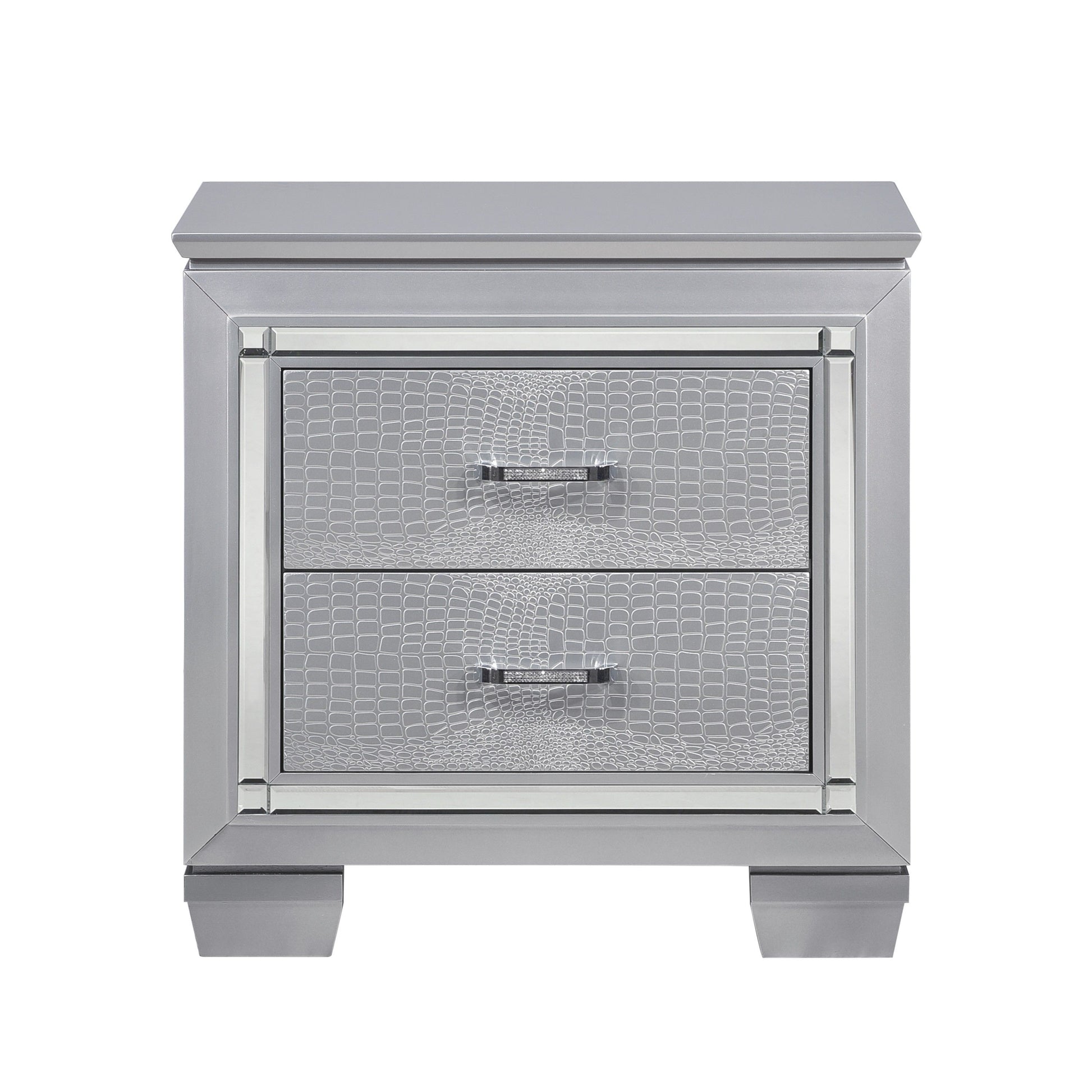 Glamourous silver nightstand with two faux alligator-embossed drawers and metallic frame