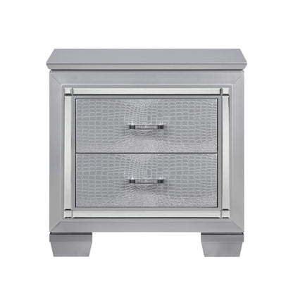 Glamourous silver nightstand with two faux alligator-embossed drawers and metallic frame