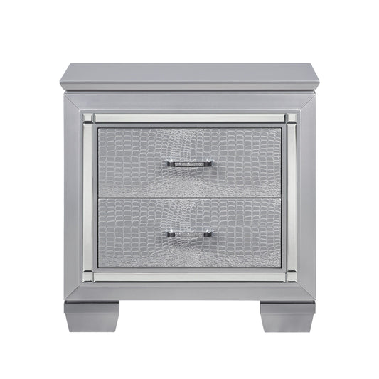 Glamourous silver nightstand with two faux alligator-embossed drawers and metallic frame