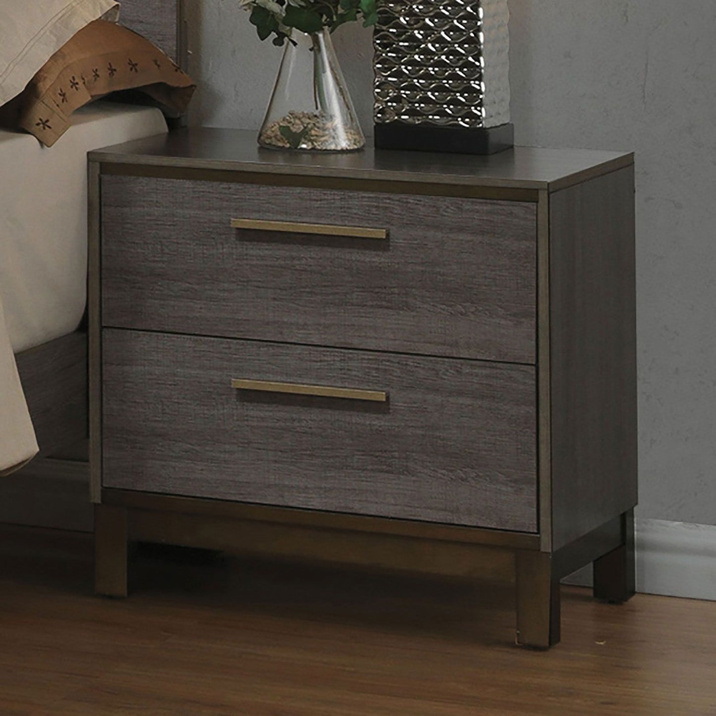Doba contemporary two-drawer nightstand in two-tone antique gray with brass bar pulls and metal glides