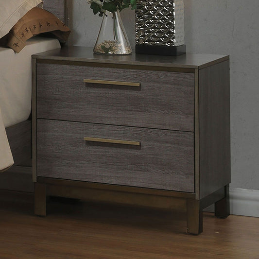 Doba contemporary two-drawer nightstand in two-tone antique gray with brass bar pulls and metal glides
