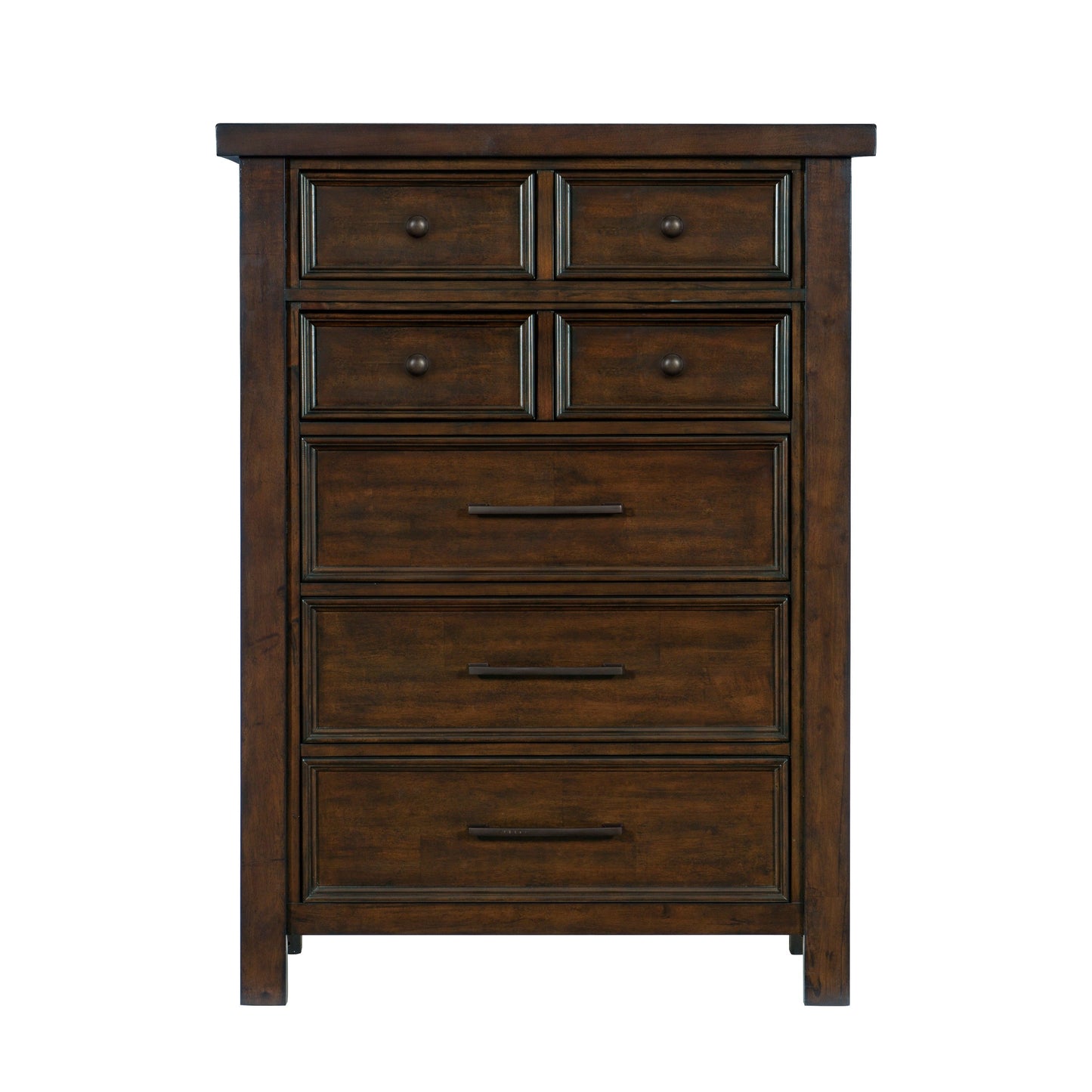Chest of drawers in dark brown mango veneer wood with traditional transitional design