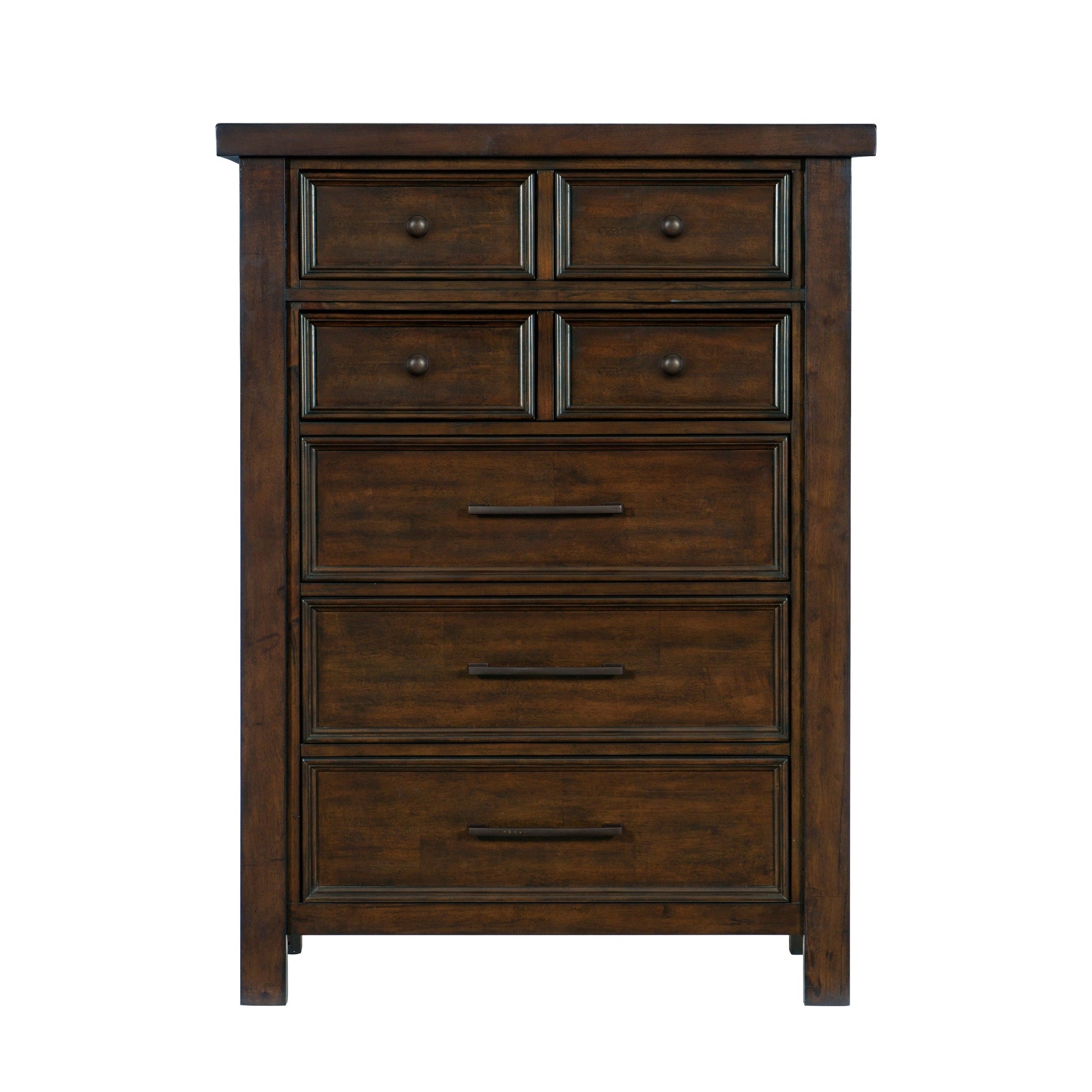 Chest of drawers in dark brown mango veneer wood with traditional transitional design
