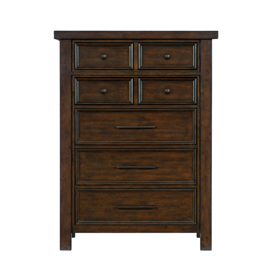 Chest of drawers in dark brown mango veneer wood with traditional transitional design