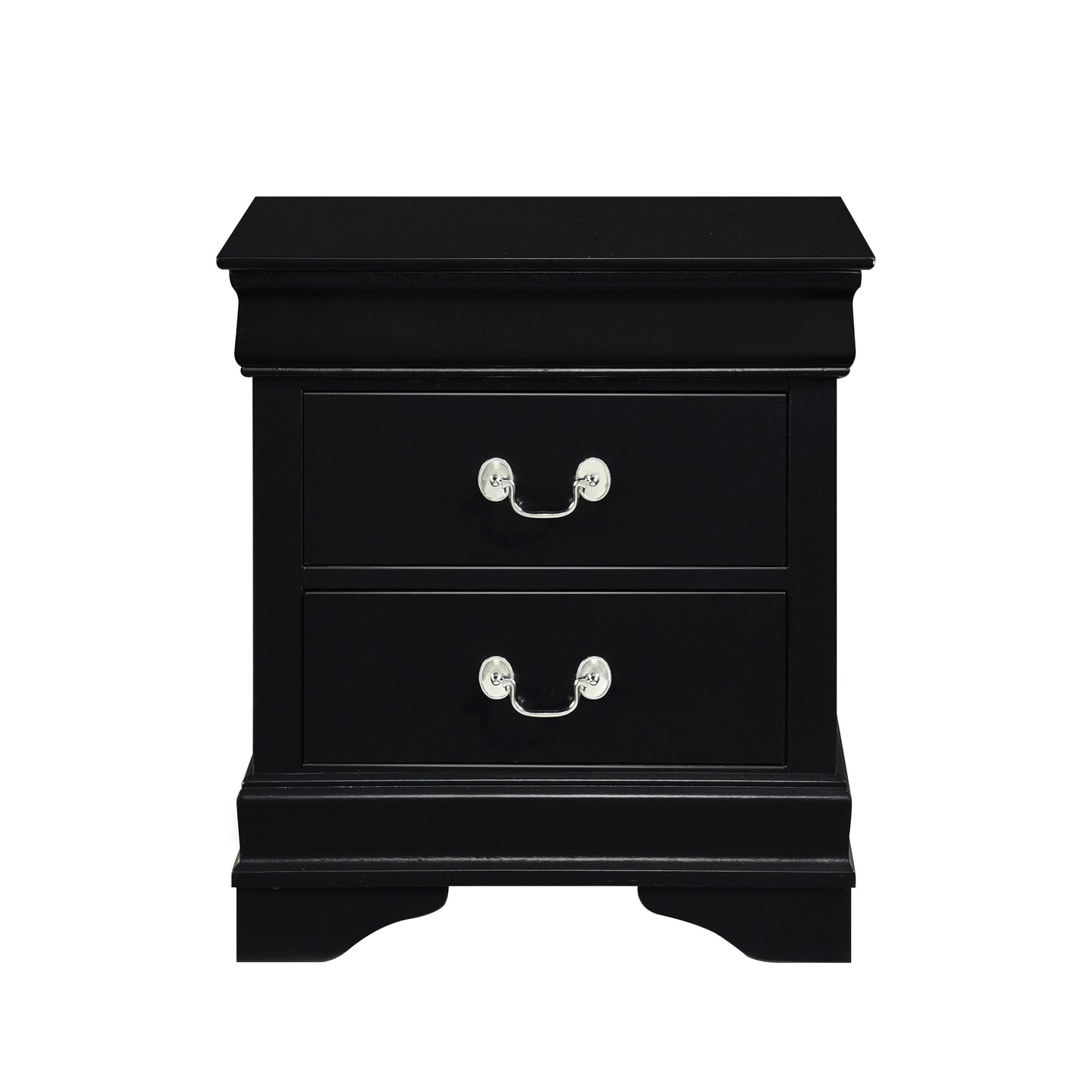 Black Louis Philippe style nightstand with curved base and silver drawer pulls