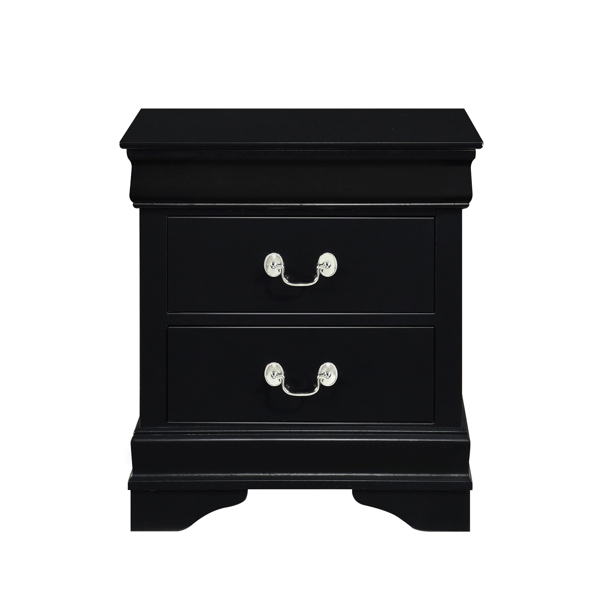 Black Louis Philippe style nightstand with curved base and silver drawer pulls