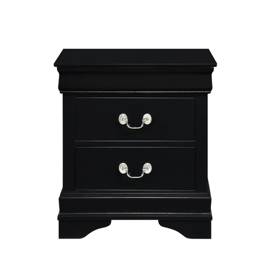 Black Louis Philippe style nightstand with curved base and silver drawer pulls