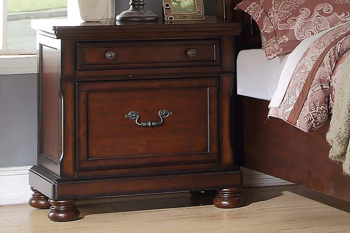 Nightstand in cherry finish with two drawers and storage space, traditional plywood veneer bedside table by Doba