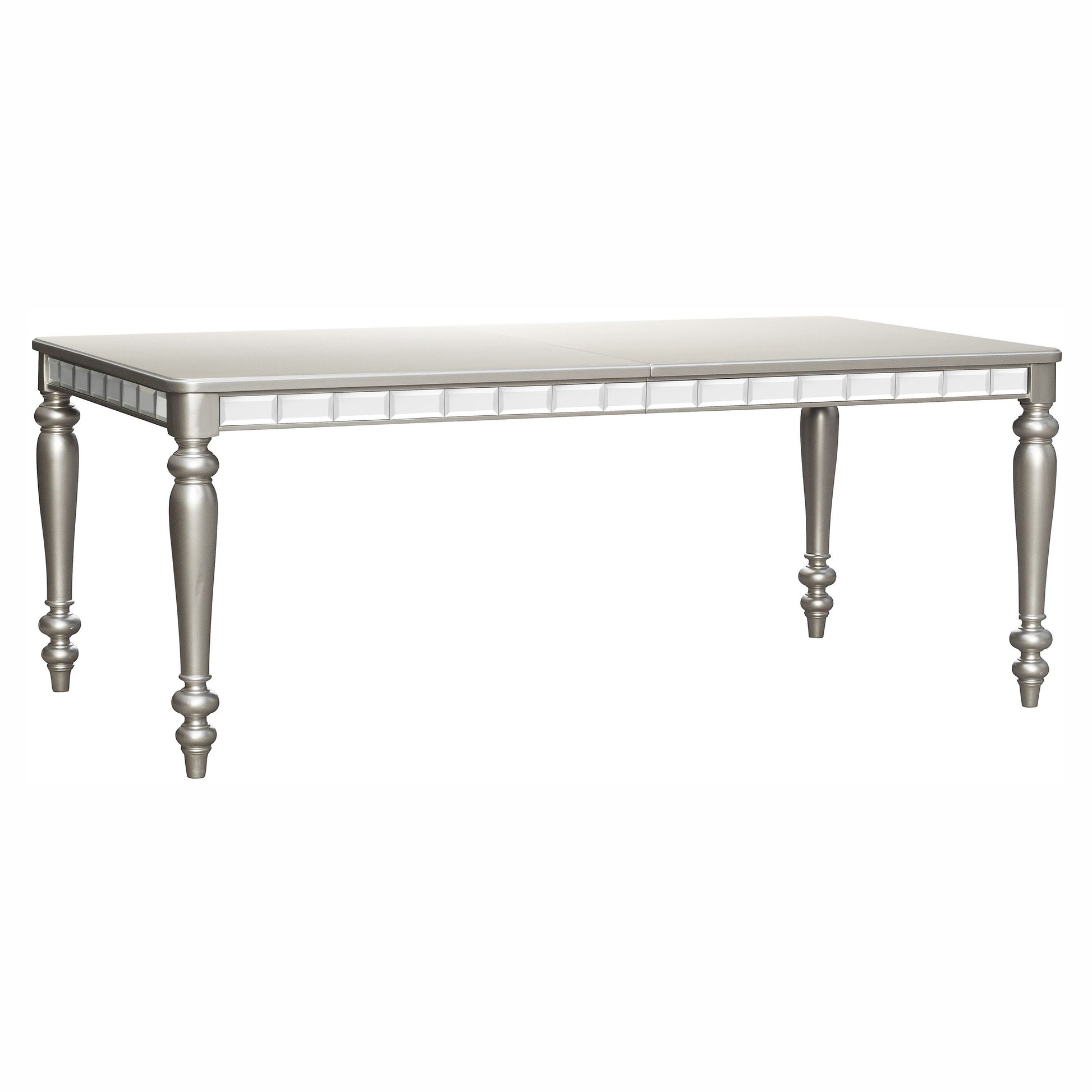 Glamorous silver-finish rectangular dining table with mirrored apron trim and turned legs