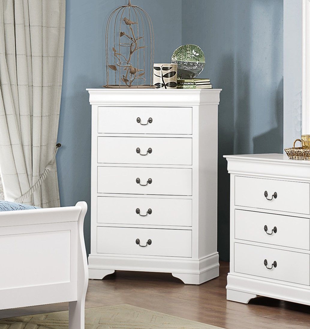 White finish 5-drawer tall chest with antique drop handles for traditional-style bedroom furniture