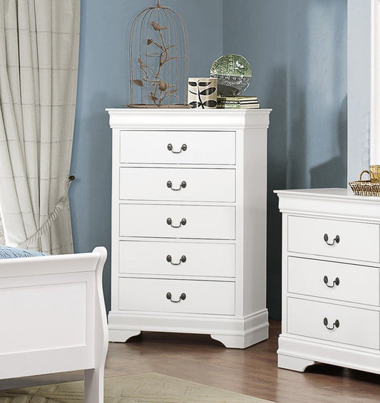 White finish 5-drawer tall chest with antique drop handles for traditional-style bedroom furniture