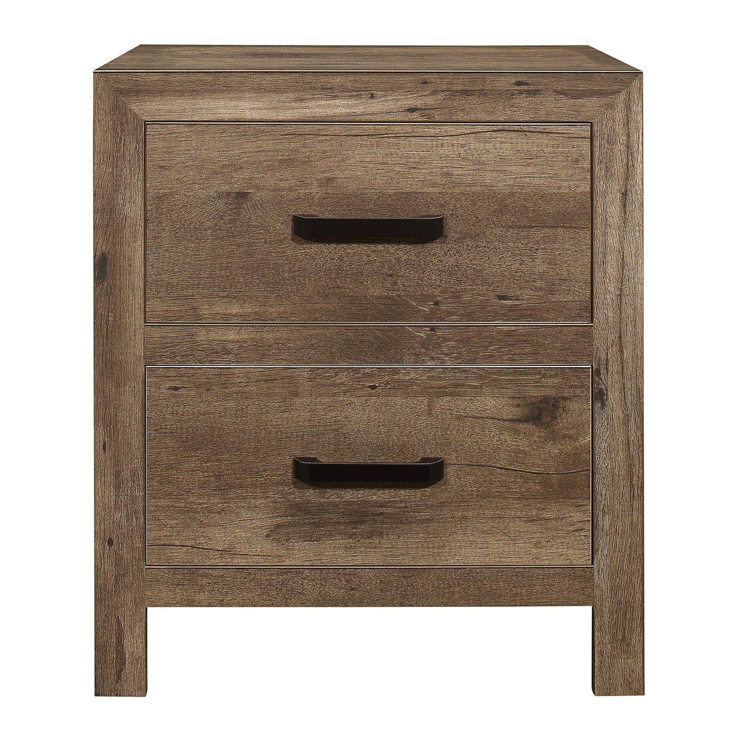 Bedroom wooden nightstand in weathered pine finish with 2 drawers in a transitional style.