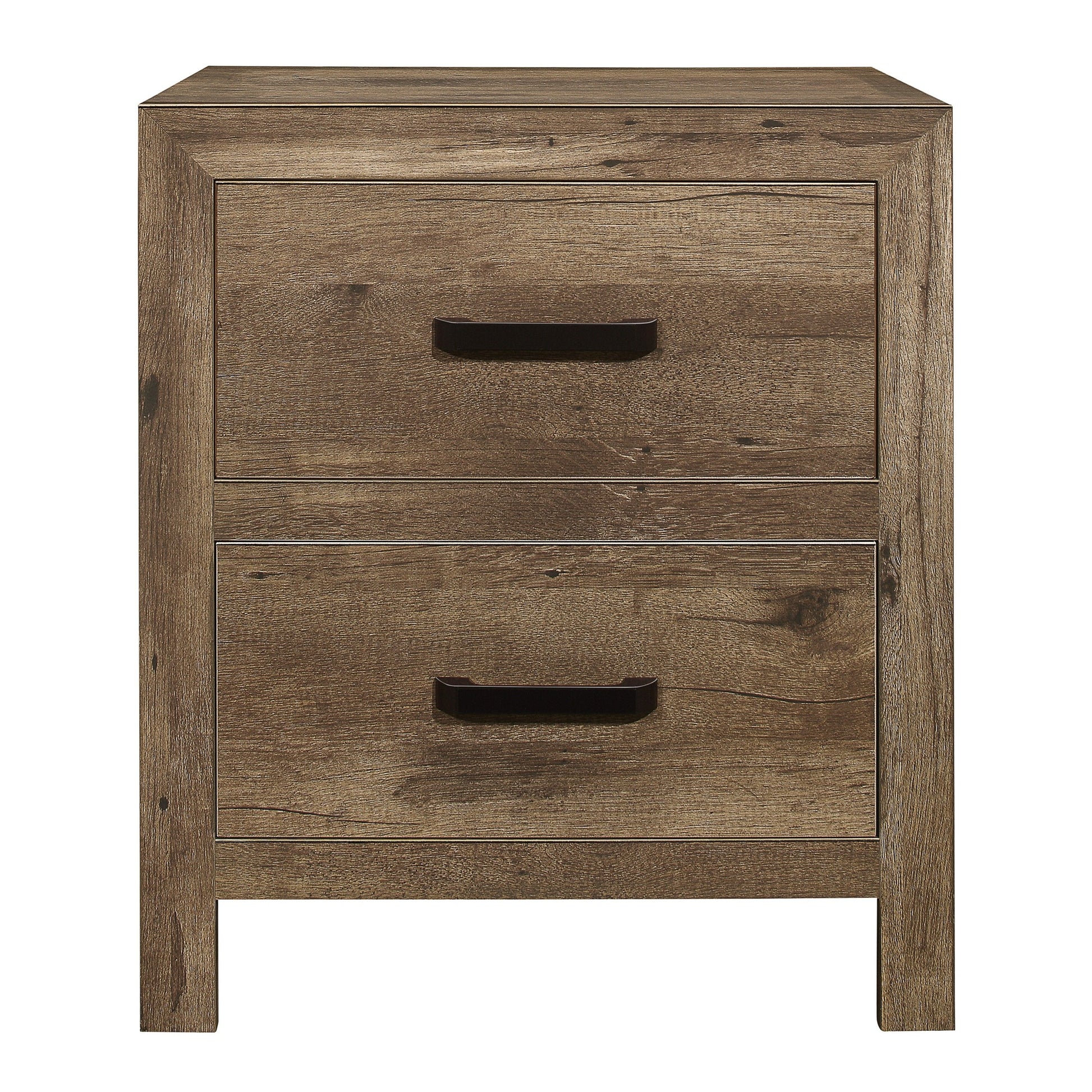 Bedroom wooden nightstand in weathered pine finish with 2 drawers in a transitional style.