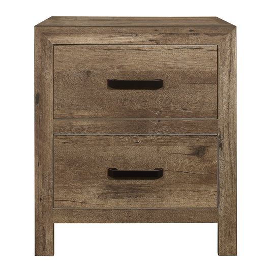 Bedroom wooden nightstand in weathered pine finish with 2 drawers in a transitional style.
