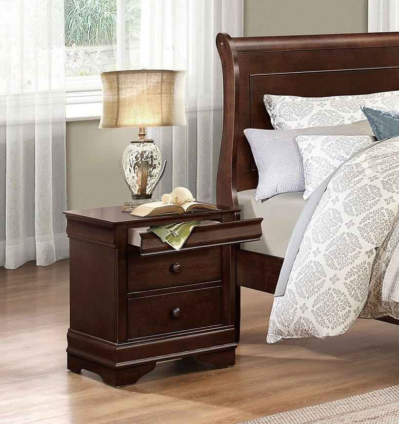 Louis Philippe style nightstand with two drawers in dark brown cherry Okume veneer.