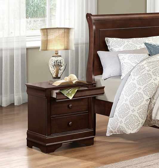 Louis Philippe style nightstand with two drawers in dark brown cherry Okume veneer.