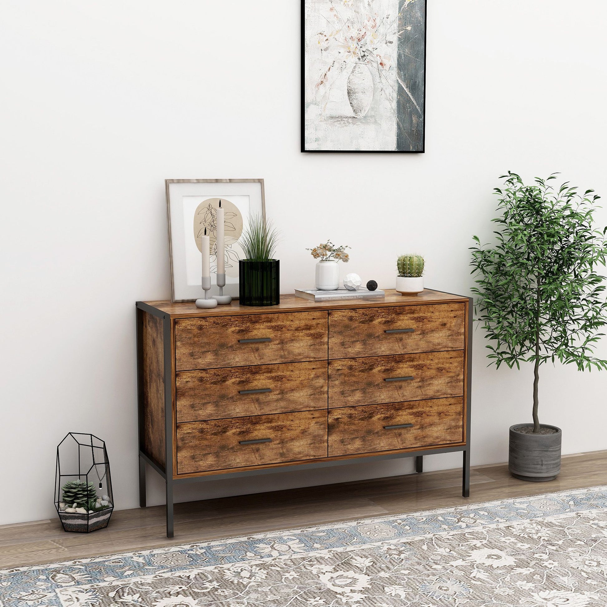 Industrial style 6-drawer double dresser with rustic brown wood and sturdy steel frame.