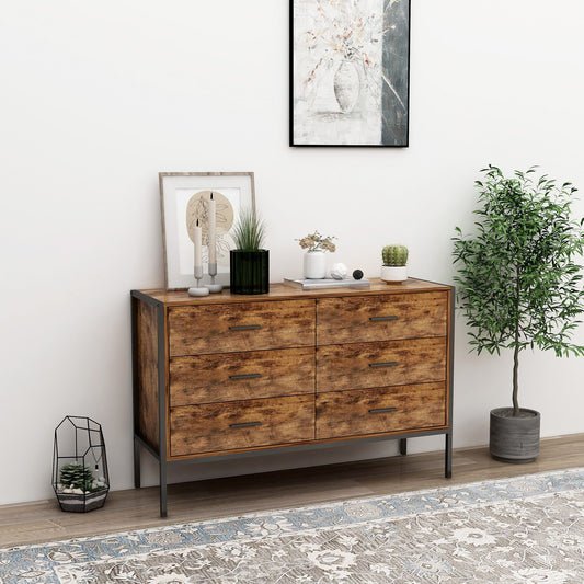 Industrial style 6-drawer double dresser with rustic brown wood and sturdy steel frame.