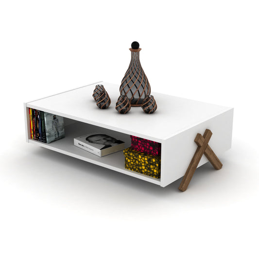 HT Design Kipp cross-leg coffee table with white top and walnut frame, interior shelving, decorative vases on top