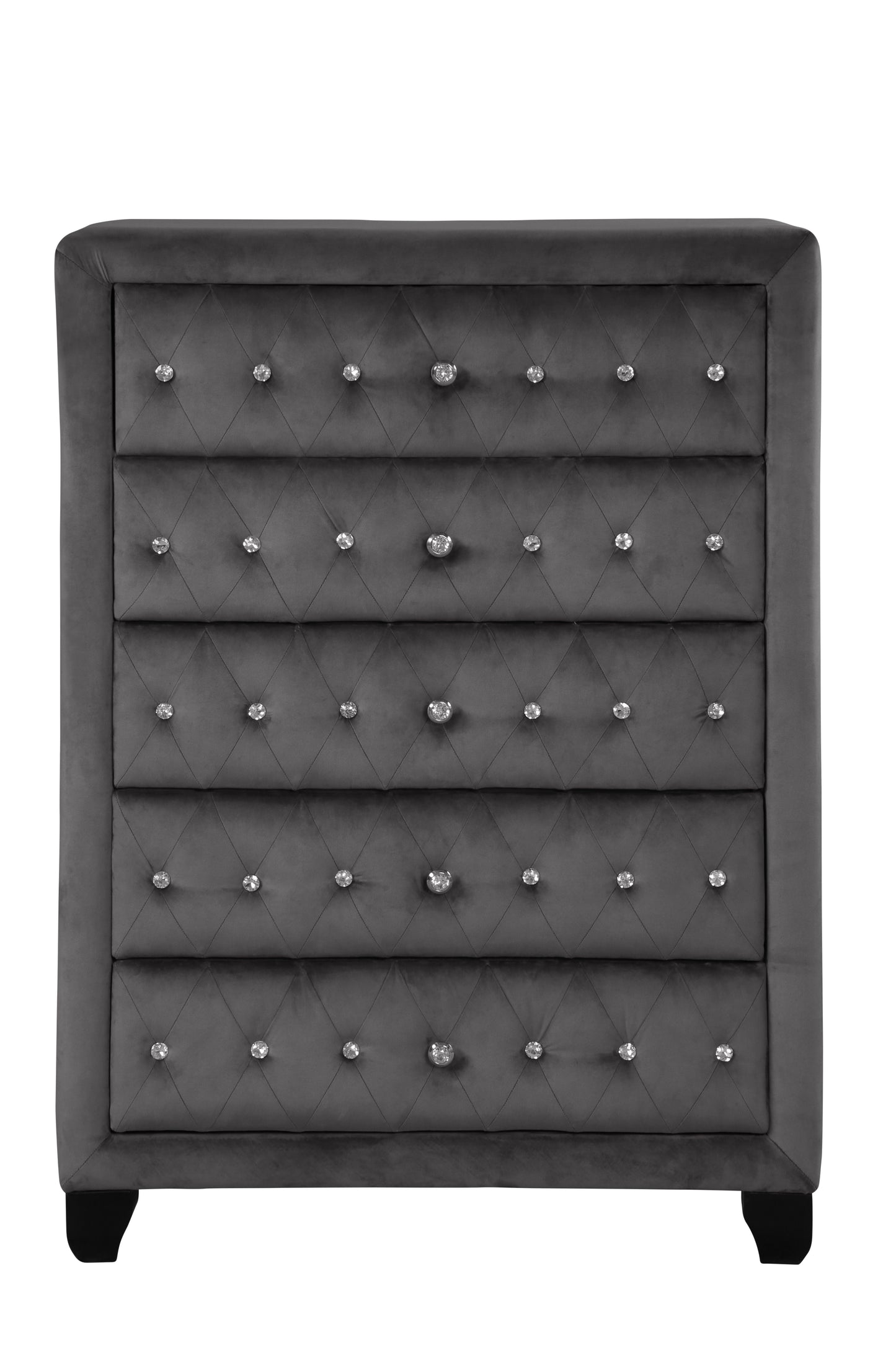5-drawer gray velvet tufted chest with crystal buttons on wood legs