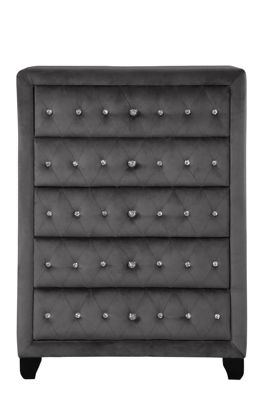 5-drawer gray velvet tufted chest with crystal buttons on wood legs