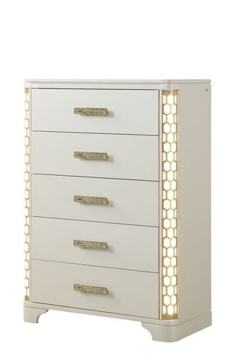 5-drawer chest in beige wood with side LED lighting and gold-tone drawer pulls