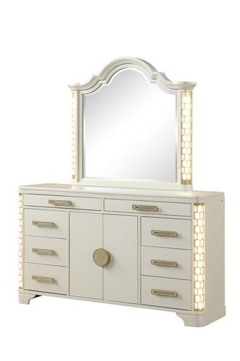 8-drawer dresser with arched mirror and side LED lighting in beige wood finish