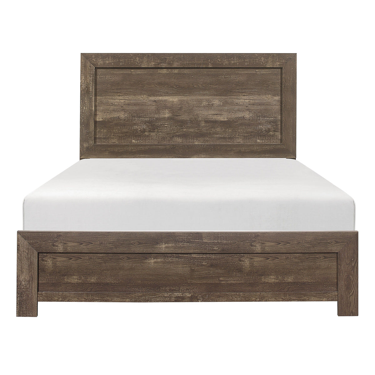 Doba queen bed with rustic brown finish, wood-panel headboard and matching footboard