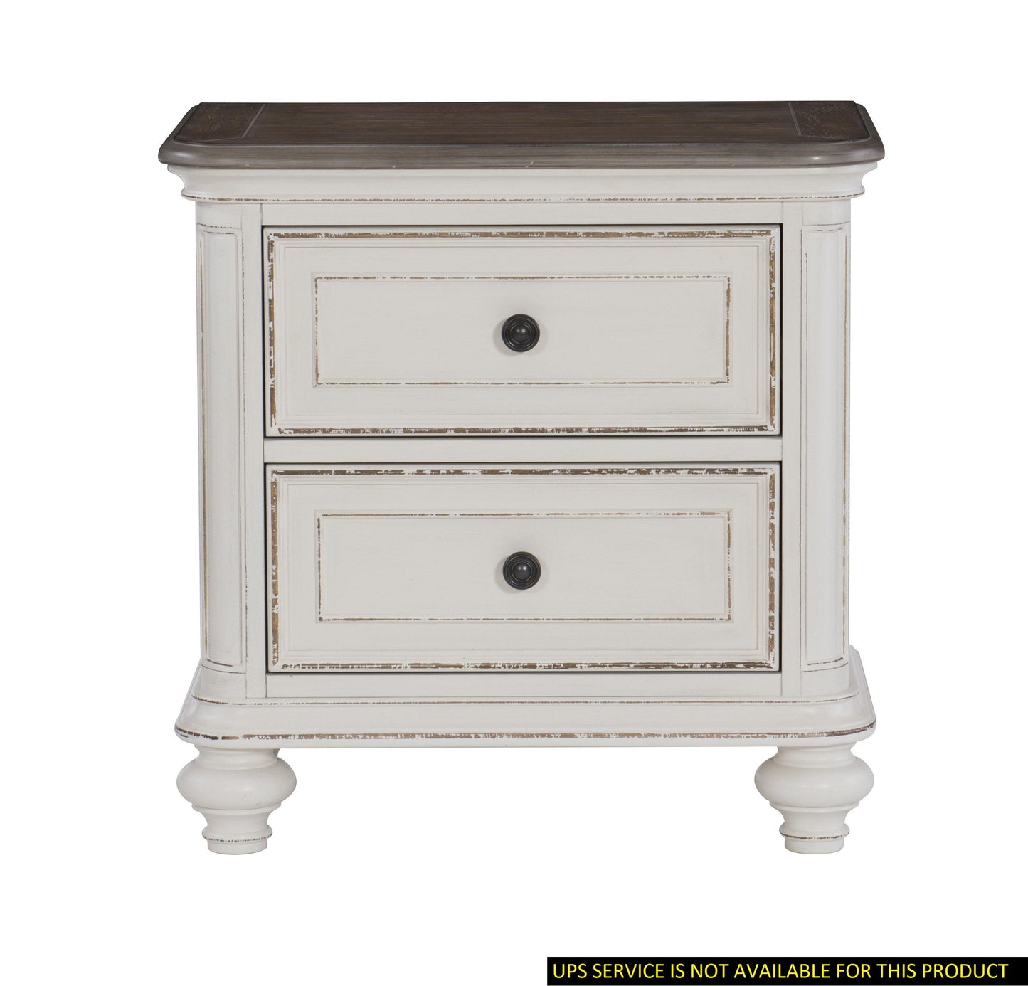 Nightstand with antique white and brown-gray distressed finish, three drawers, black knobs, traditional bedside table