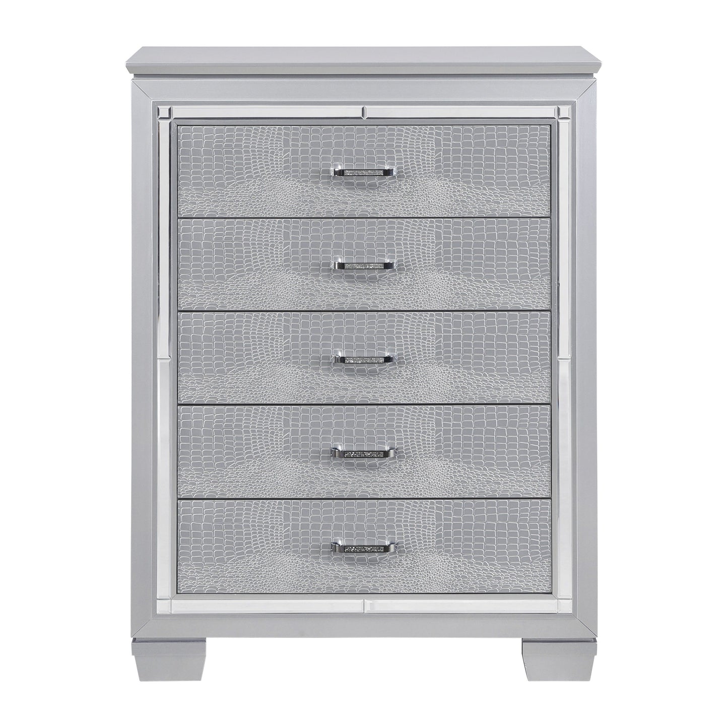 Glamourous silver finish 1pc chest with 5 dovetail drawers and faux alligator embossed fronts