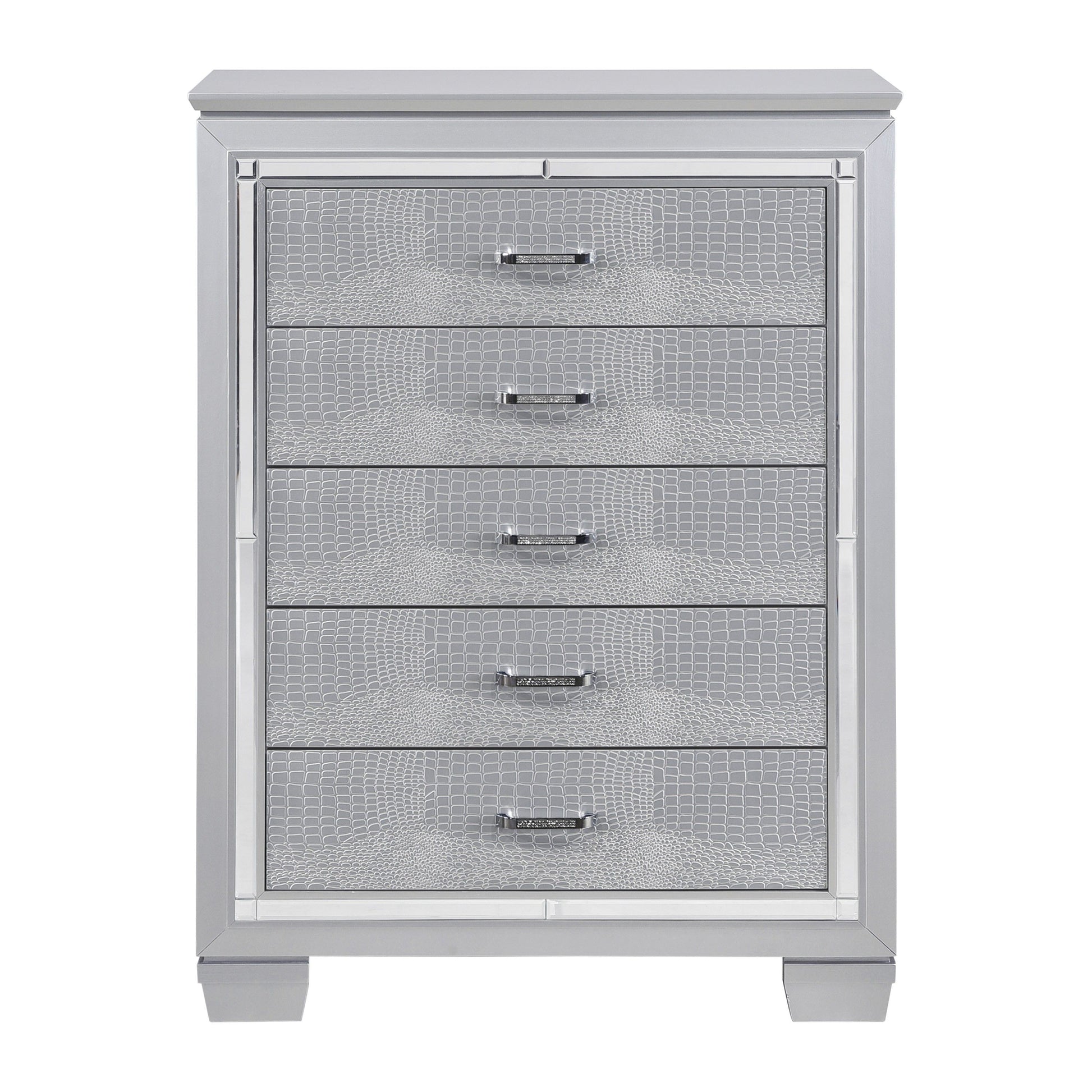 Glamourous silver finish 1pc chest with 5 dovetail drawers and faux alligator embossed fronts