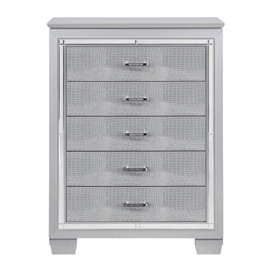 Glamourous silver finish 1pc chest with 5 dovetail drawers and faux alligator embossed fronts