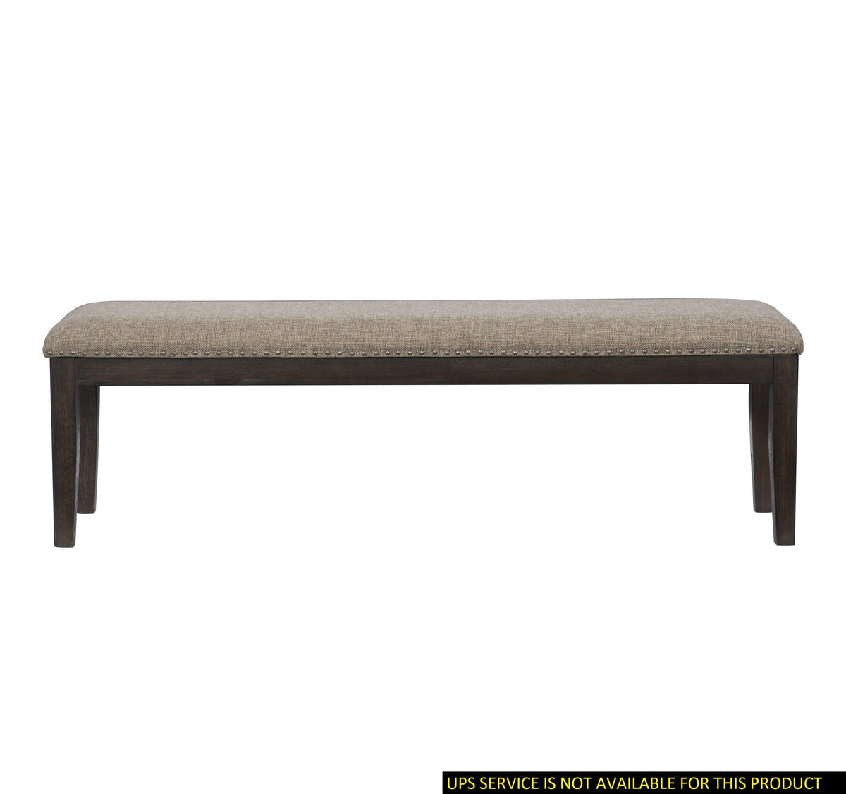 Traditional wood-framed bench with beige upholstered top and nailhead trim in a wire-brushed rustic brown finish
