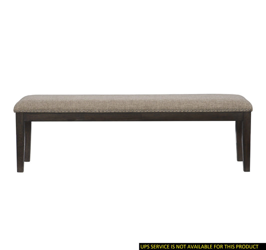 Traditional wood-framed bench with beige upholstered top and nailhead trim in a wire-brushed rustic brown finish