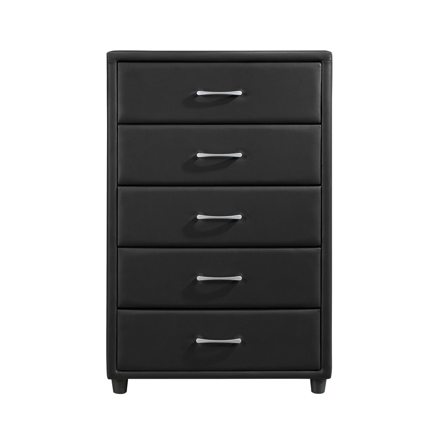 Chest of drawers in black faux leather covering with silver-tone bar pulls