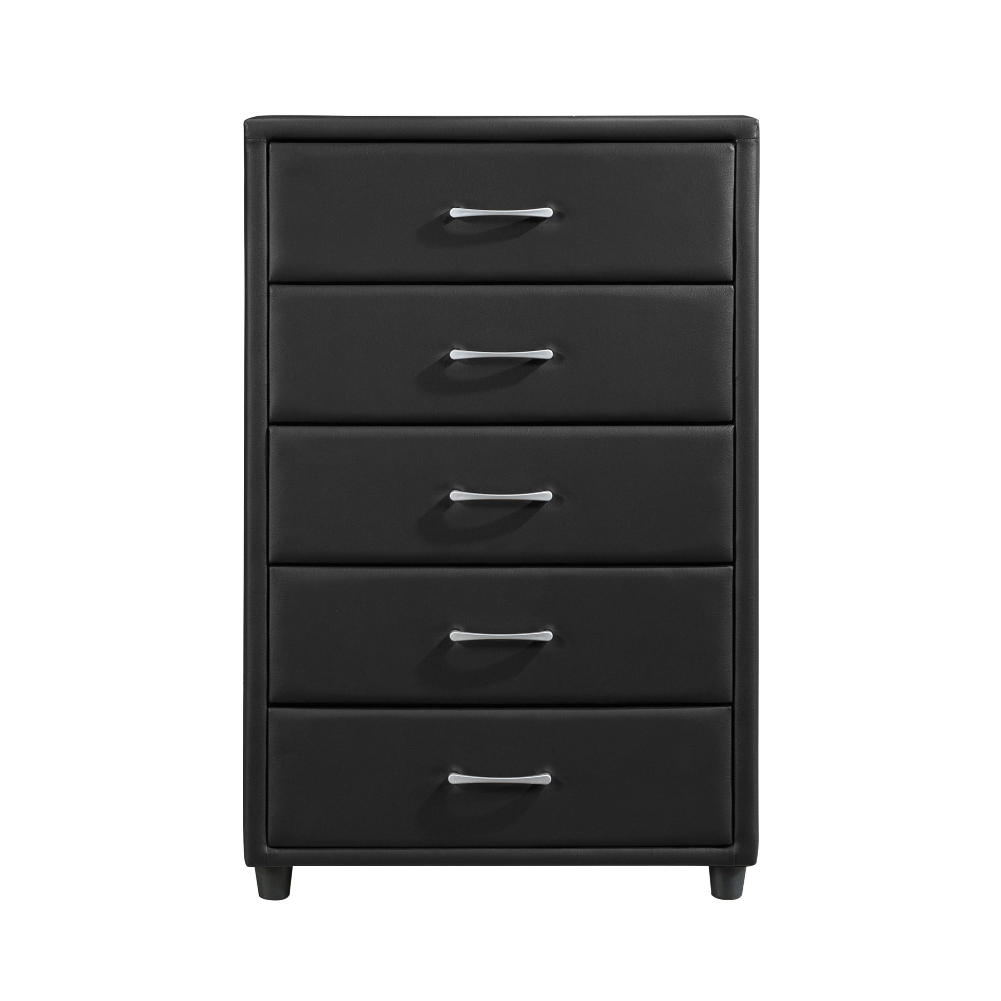 Chest of drawers in black faux leather covering with silver-tone bar pulls
