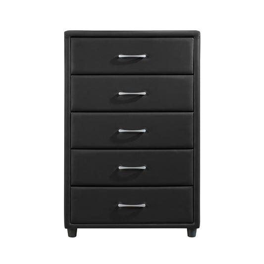 Chest of drawers in black faux leather covering with silver-tone bar pulls