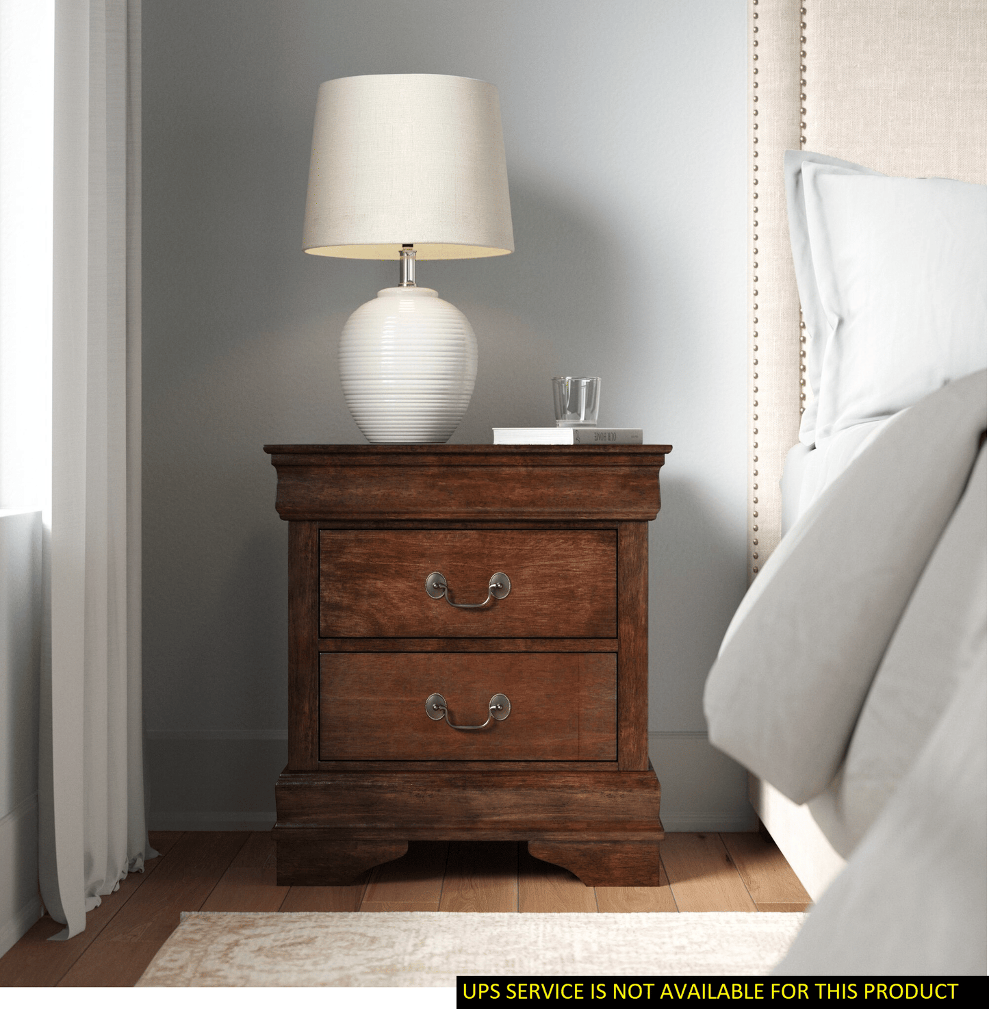 Nightstand in brown cherry finish, Louis Philippe style, with two drawers.