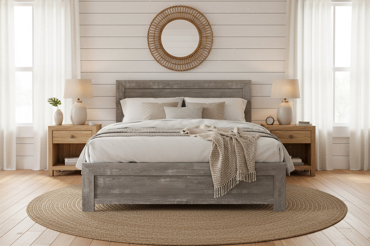 Queen bed panel headboard and footboard in gray rustic finish, wood-grain panel design