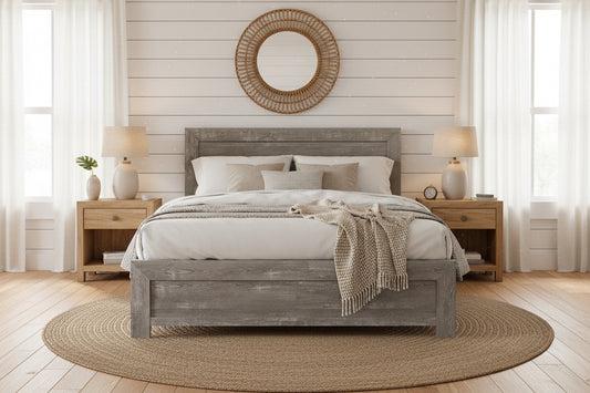 Queen bed panel headboard and footboard in gray rustic finish, wood-grain panel design