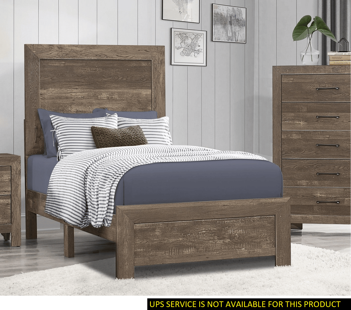 Twin size bed frame with panel headboard and footboard in rustic brown wood finish