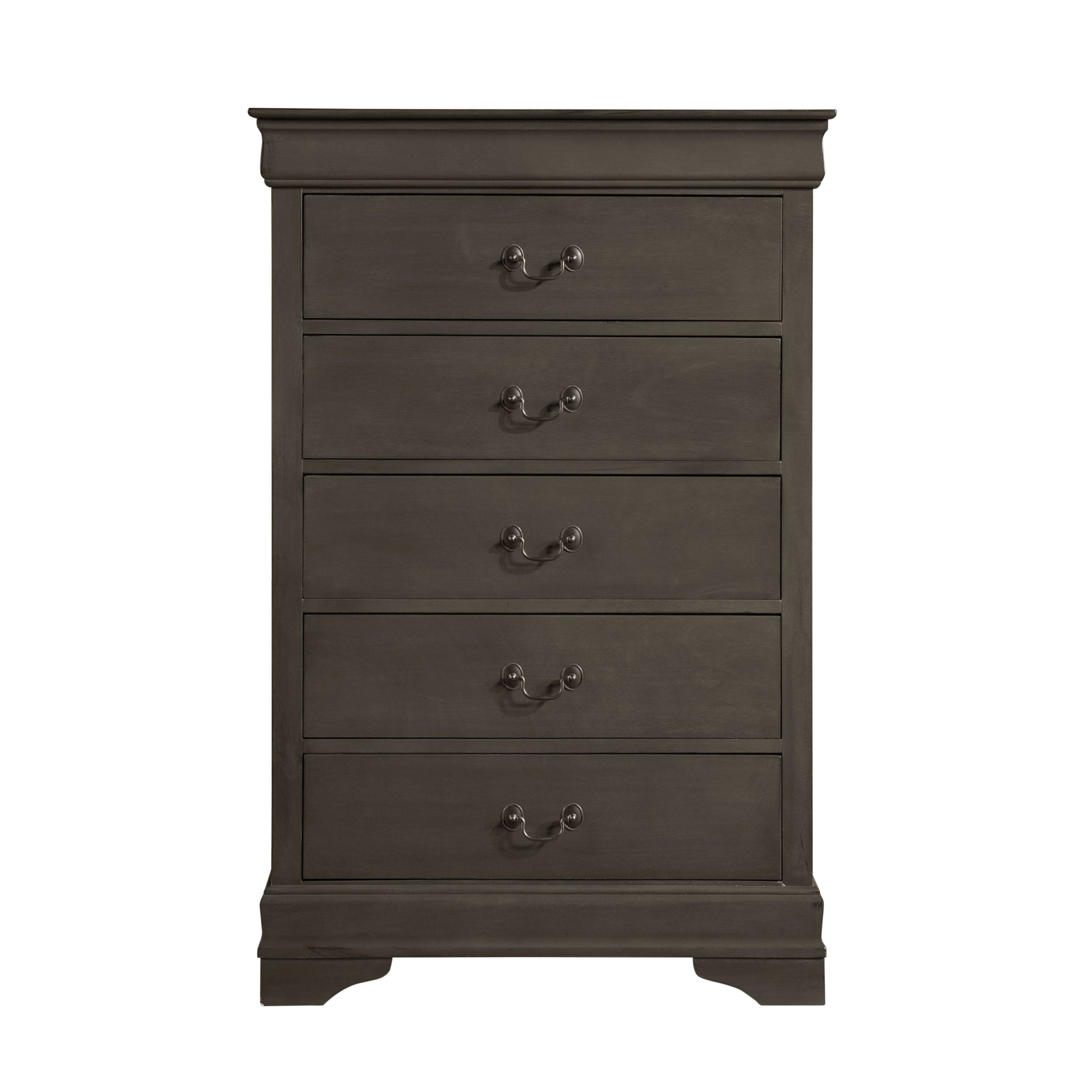 5-drawer chest in stained gray Louis Philippe style with metal bail pulls