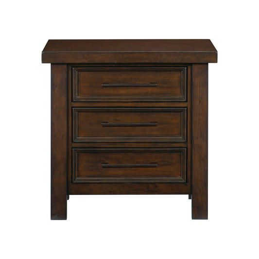 Nightstand in dark brown mango veneer with 3 drawers, 1pc