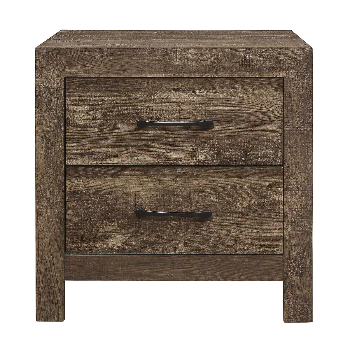 Two-drawer nightstand in rustic brown finish with black metal hardware and visible wood grain.