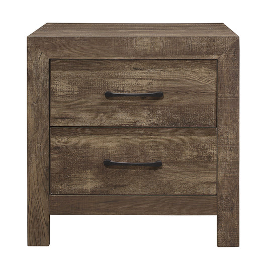 Two-drawer nightstand in rustic brown finish with black metal hardware and visible wood grain.